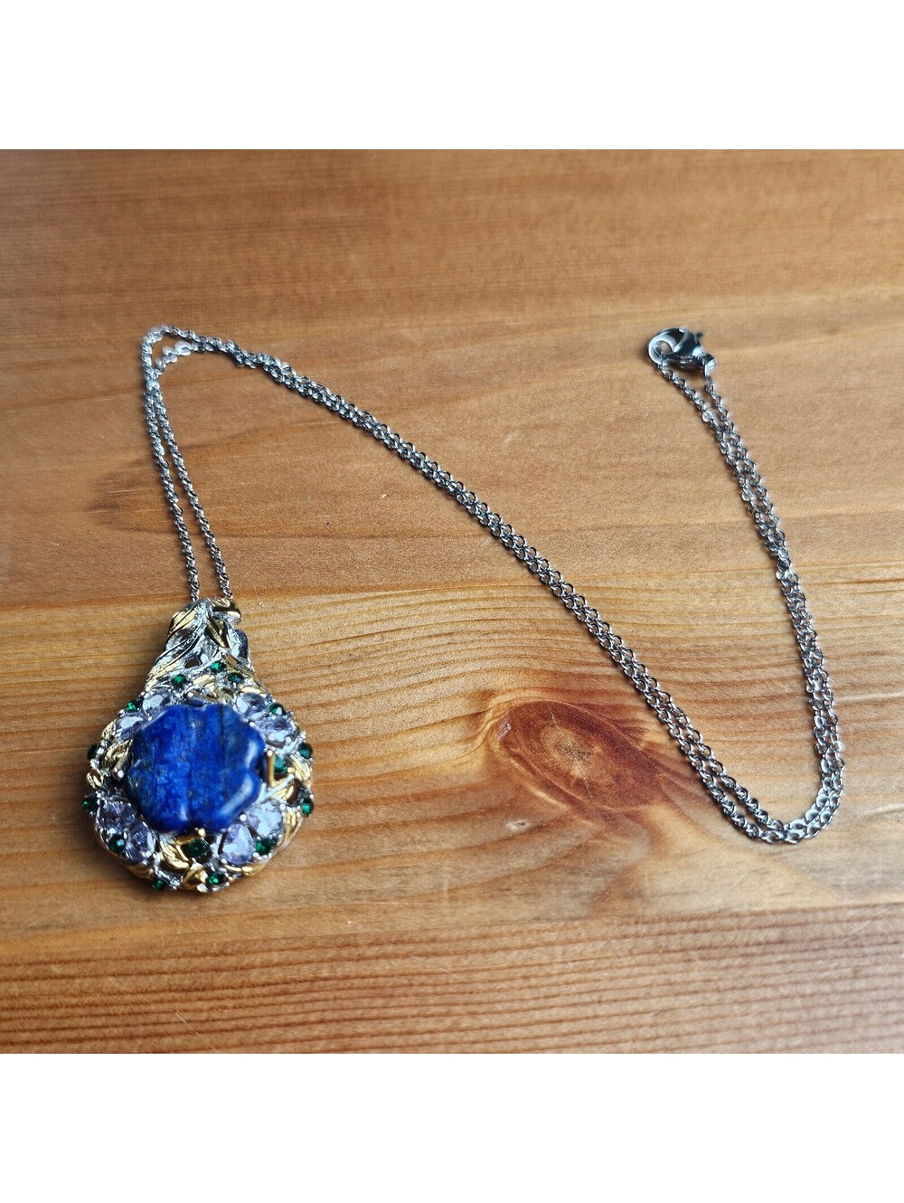 Vintage Blue Stone Statement Necklace Mixed Metal Floral Rhinestone Pendant